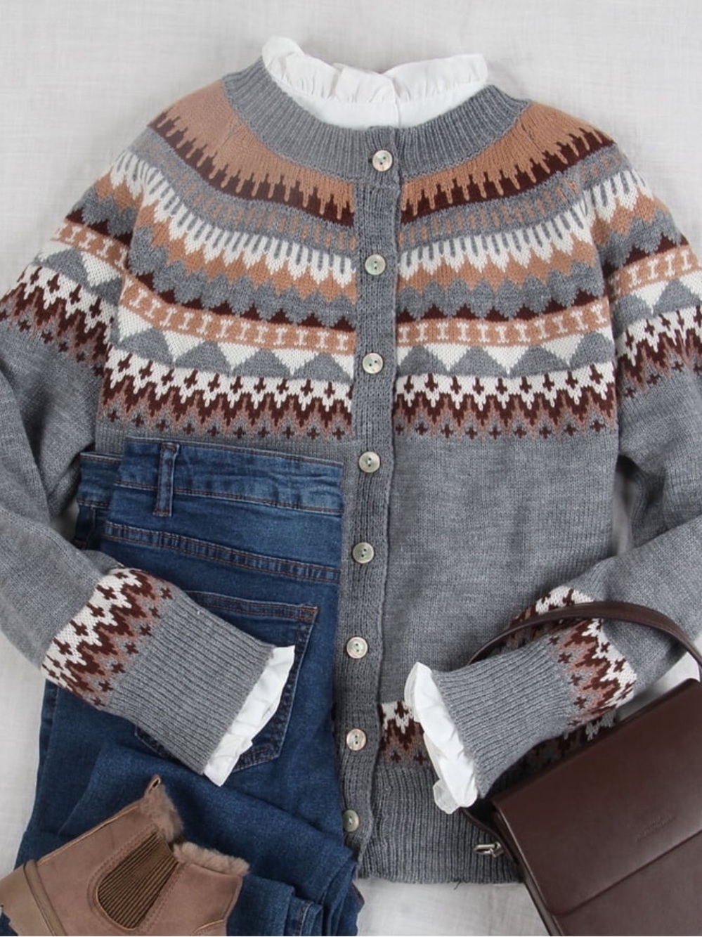 Fair Isle Grey Button-Front Sweater Cardigan